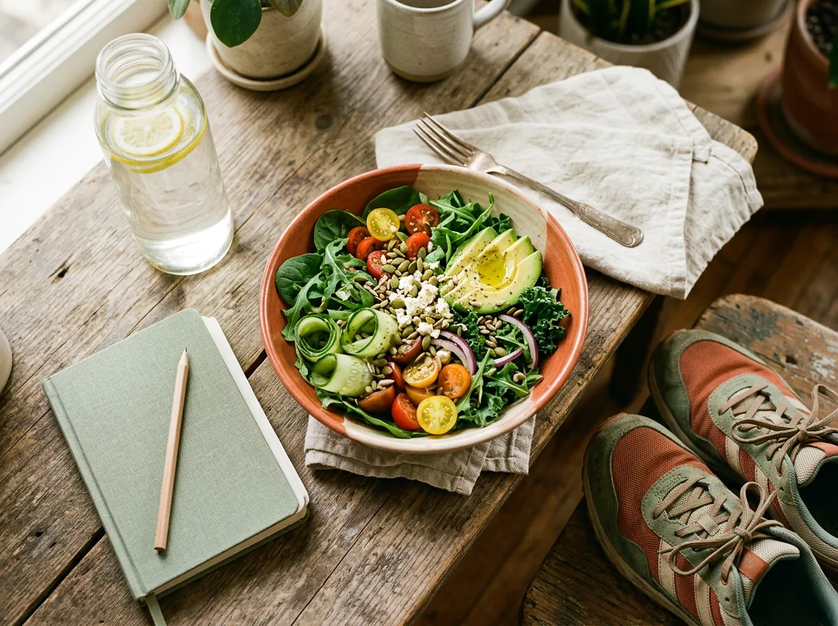 Bowl de ensalada fresca junto a una botella de agua, una libreta y zapatillas de deporte sobre una mesa de madera