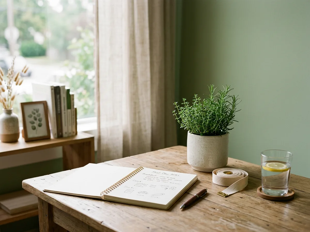 Escritorio de consulta con cuaderno de notas, cinta métrica y un vaso de agua con limón