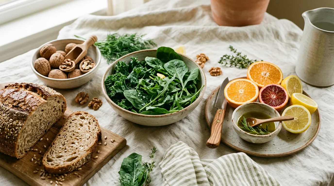 Mesa con alimentos frescos y saludables: verduras de hoja verde, nueces, cítricos y pan integral